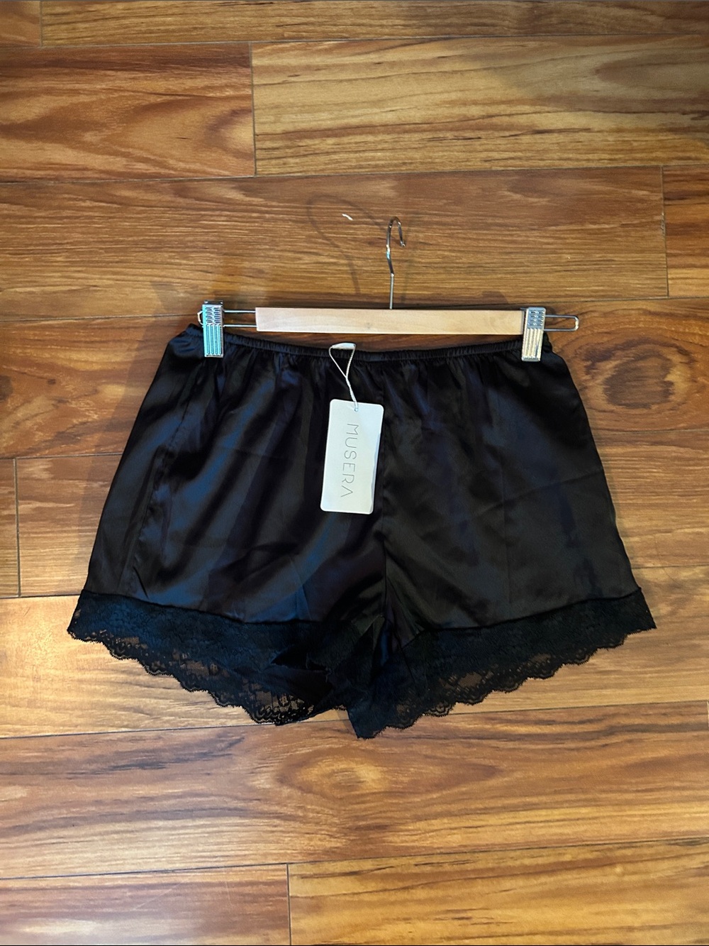 Musera Black Satin Lace Trim Shorts. Small.